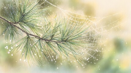 Obraz premium Dewy spiderweb on a pine branch bathed in soft sunlight pastel green gold illustration
