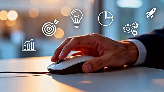 A hand using a computer mouse with business-related icons floating above, symbolizing productivity and innovation in a professional setting.
