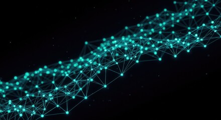 Stunning dynamic abstract network of glowing cyan nodes and lines weaving across a deep black digital space