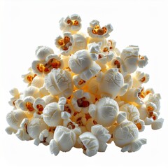 A large pile of freshly popped buttery popcorn isolated on a white background.