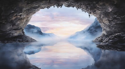 Serene mountain lake sunrise watercolor illustration tranquil scene gentle pastel light reflection