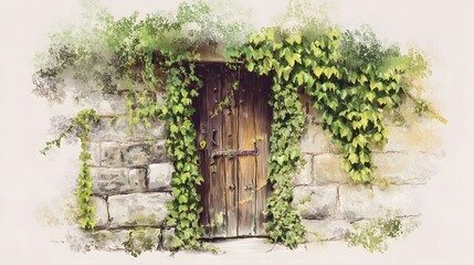 Charming rustic watercolor illustration of an ivy covered wooden door in aged stone wall