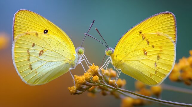 Two bright yellow butterflies are resting side by side on small flowers enjoying a sunny day.