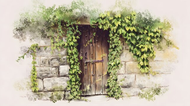 Charming rustic watercolor illustration of an ivy covered wooden door in aged stone wall - Powered by Adobe