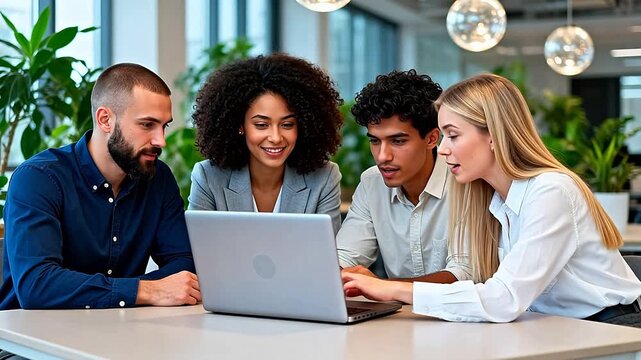 Four professionals collaborate around a laptop in a modern office setting