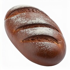 A whole loaf of rustic dark rye bread with a scored crust dusted with flour isolated on a white background.