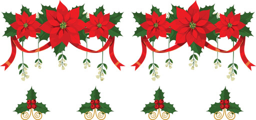 Elegant Christmas vector border design featuring symmetrical red poinsettias and ribbons over white mistletoe-style berries, accented by scrollwork holly and berries, perfect for festive banner header