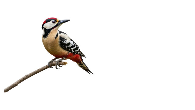 Great spotted woodpecker perched on a branch, wild forest bird with red and black plumage, isolated woodpecker on white background PNG