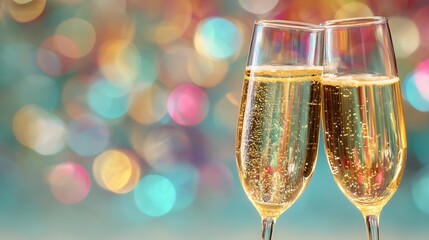 Two Champagne Flutes with Sparkling Wine and Colorful Bokeh