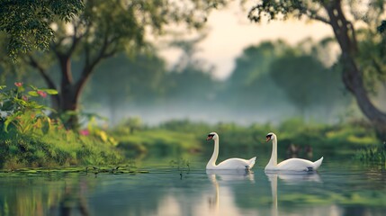 Serene swans grace a tranquil pond reflecting sunlight peaceful nature&rsquo;s gentle beauty unfolds