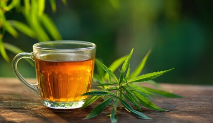 Clear glass mug filled with warm amber cannabis tea on a rustic wooden surface, with a fresh green cannabis sprig in front, set against a soft, blurred outdoor background in natural light.