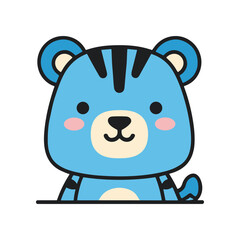 Cute Blue Tiger Cub Waving Hello Friendly Cartoon Character.