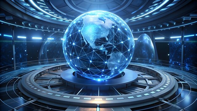 Holographic World Map with Glowing Data Connections and Nodes - Powered by Adobe