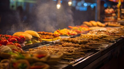 Savory street food skewers entice customers at a vibrant bustling market scene