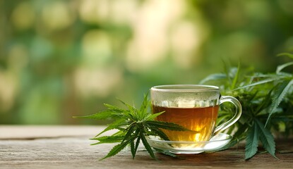 Clear glass mug filled with warm amber cannabis tea on a rustic wooden surface, with a fresh green cannabis sprig in front, set against a soft, blurred outdoor background in natural light.
