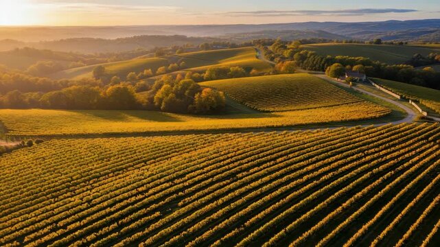 Vineyard landscape with rows of grape vines in golden sunlight