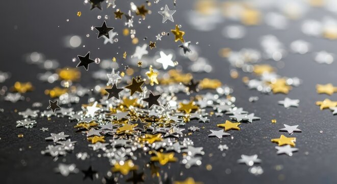 Sparkling gold and silver star confetti on a dark surface