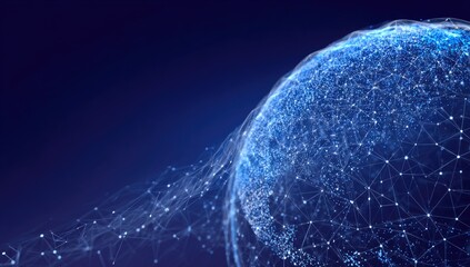 Digital globe composed of connected nodes, flowing left, on a deep blue gradient background