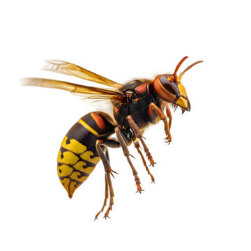 Detailed macro shot of a wasp isolated on a black background showcasing intricate patterns