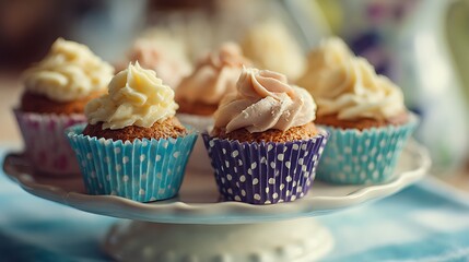 Decorated Cupcakes on Cake Stand with Frosting and Candy Close-Up