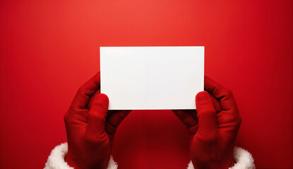 Santa hands holding a blank card mockup on red background