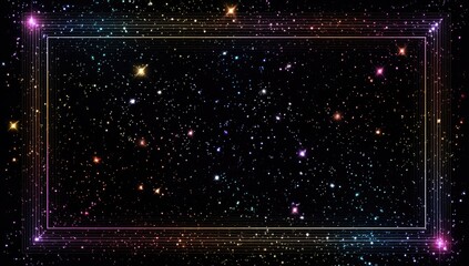 Rectangular frame with glowing corners, surrounded by shimmering, colorful specks against a stark, black backdrop