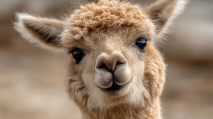 Obraz premium A young alpaca looks sweetly at the viewer surrounded by a soft landscape under clear skies.