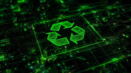 Sustainable technology concept shows glowing recycle icon on a modern circuit board design