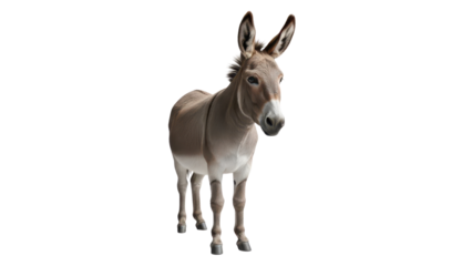 Cute domestic donkey standing with long ears and calm expression isolated PNG with Transparent Background