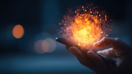 Hand Touching Smartphone with Glowing Fiery Digital Sphere