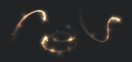 Vector illustration. Star glitter trail, golden flash light with particles, swirls of gold dust..