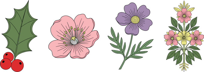Beautiful collection of hand-drawn vector botanical elements, including a holly sprig, a pink wild rose, a purple anemone-like bloom, and a decorative floral crest, perfect for spring and holiday desi