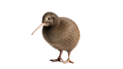 Fluffy Brown Kiwi Bird with Long Beak Standing isolated PNG with Transparent Background