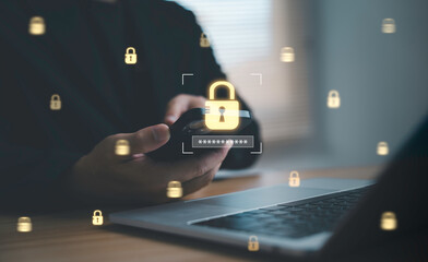 Person using a smartphone with padlock icons for cyber security data protection password safety and digital privacy showing the concept of secure access risk prevention and modern online security