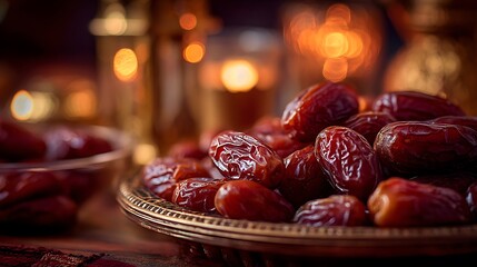 Brass Plate with Ripe Dates on Textured Surface with Candlelight