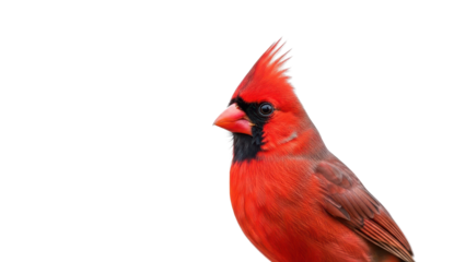 Close-up of a vibrant red cardinal bird with black face mask in profile isolated PNG with Transparent Background