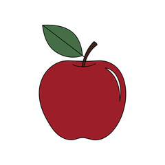 Vibrant Red Apple with Green Leaf and Stem.