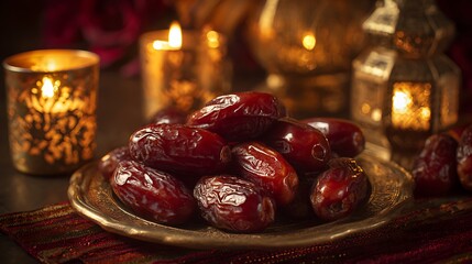 Brass Plate with Ripe Dates on Textured Surface with Candlelight