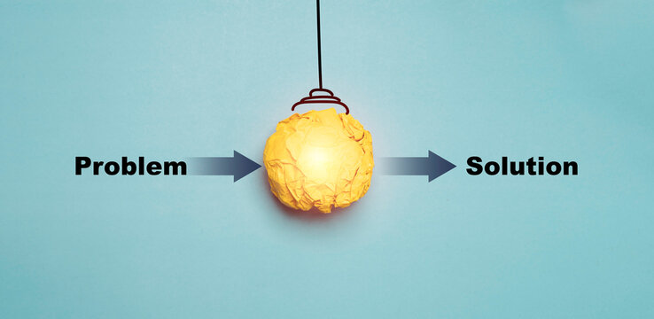 Creative concept showing the transition from problem to solution with a glowing yellow idea symbol representing innovation, brainstorming, business strategy and effective problem-solving process.