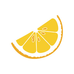 A bright yellow slice of citrus fruit with visible segments and seeds.