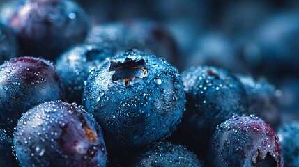 Fresh Blueberries with Water Droplets Close-Up on Dark Surface