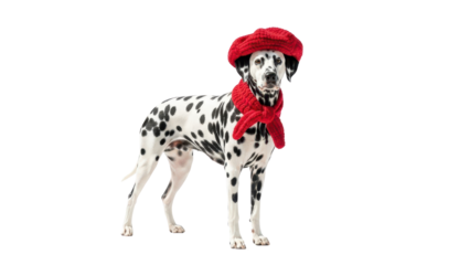 Cute Dalmatian Dog Wearing Red Beret and Scarf, Standing and Looking at Camera isolated PNG with Transparent Background