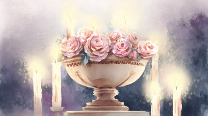 Peaceful memorial watercolor urn illustration pink roses candles gentle light evokes remembrance