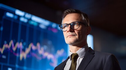 Confident businessman analyzes market trends on digital screen in modern office setting showcasing financial insight