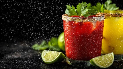Two cocktails isolated on black background include a red Bloody Mary with celery and a yellow mimosa with lime featuring water droplets glass.