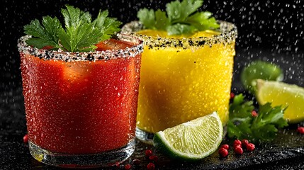 Two cocktails isolated on black background include a red Bloody Mary with celery and a yellow mimosa with lime featuring water droplets glass.