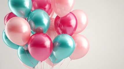 Teal, Pink, and Rose Helium Balloons Floating on Light Background