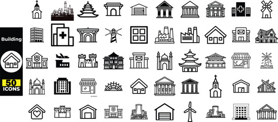 Black and White Building Outline and Filled Icon Set Vector Illustration