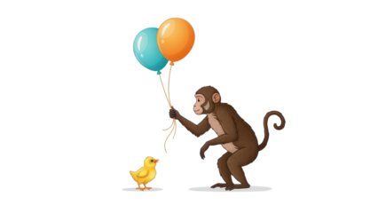 Cute isolated monkey holding blue and orange balloons with a little chick isolated PNG with Transparent Background