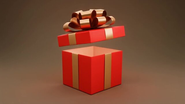 egalo de Navidad rojo brillante con un lazo dorado met&aacute;lico sobre un fondo neutro. El lazo comienza a desatarse solo, con movimiento suave y realista, desliz&aacute;ndose y afloj&aacute;ndose.